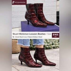 Stuart Weitzman Lozazen Croc Booties | Size 5 | Burgundy Patent Kitten Heel